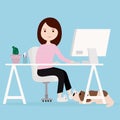 Home office during coronavirus outbreak concept. Happy girl working at home at the computer, business lady, freelancer. Royalty Free Stock Photo