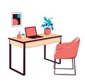 Home or office desk with chair, laptop computer, plant, abstract painting and pencil cup. Modern colorful isometric Royalty Free Stock Photo