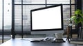 Home office desk with computer pc, coffee cup, pacs and houseplant. Empty screen for your advertise text