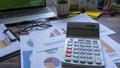 Home Office Desk Concept.Laptop and calculator for accountant plan annual budget and tax. Computer, calculator, smartphone, and Royalty Free Stock Photo