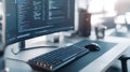 A home office desk with a hightech ergonomic setup, including a mechanical keyboard, wireless mouse