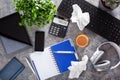 Home office desk with keyboard computer smartphone notebook houseplants, workspace at home Royalty Free Stock Photo