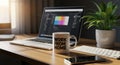 Home Office Desk with Laptop and Work From Home Mug Royalty Free Stock Photo