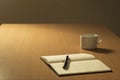 Home office desk at night, open Leather notebook with blank pages, pen, coffee Royalty Free Stock Photo