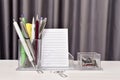 Home office desk or notepad, note book, pens, used for work and distance learning with pens, EAD