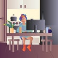 Home office in kitchen. Girl works on computer from home. Stay home concept