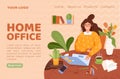 Home office landing. Freelance work. Business woman remote webinar. Worker at computer. Employee or manager in digital