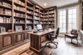 Home office with large desk, ergonomic chair, bookshelves. AI generated.