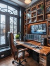 Home office with a large desk, multiple monitors, and smart organization, productive workspace with tech focus, efficient and high