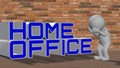 HOME OFFICE lettering with shadow on a gray ground in front of a natural stone wall - 3D people in desperate pose