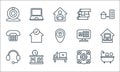 Home office line icons. linear set. quality vector line set such as bath, laptop, headset, networking, bookshelf, phone, book,