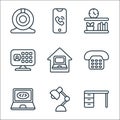 Home office line icons. linear set. quality vector line set such as desk, lamp, laptop, phone, home, bookshelf, phone