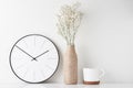 Home office minimal workspace desk with wall clock