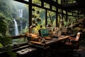 Home office, modern workspace with a computer desk and natural light from a window. Nature lanscape