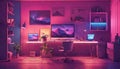 A home office with neon-lit technology gadgets and a futuristic