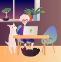 Home office with pets and indoor plants. Woman works or studies on laptop from home. Stay home concept