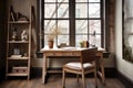 home office with a rustic desk, modern chair, and a shelf with vintage books