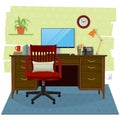 Home office scene with computer, wooden desk and chair Royalty Free Stock Photo