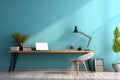 Home office serenity blue wall provides a calming mockup space