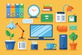 Home office setup featuring modern workspace elements in a colorful cartoon vector illustration, showcasing productivity tools and Royalty Free Stock Photo