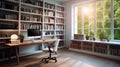 A home office with a spacious desk and shelves filled with books