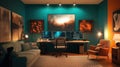 Home office studio with teal, orange accents. Multiple computer screens display code, data. Cozy atmosphere with couch,
