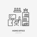 Home office, study room flat line icon. Apartment furniture sign, vector illustration of cabinet table, chair, bookcase