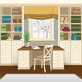 Home office or study room interior with table below the window, bookcases and chair