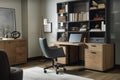 a home office suite with a desk, chair, filing cabinet and bookshelf