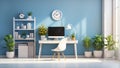 Home office sunny room with simple, white furniture 3d realistic vector interior background Royalty Free Stock Photo