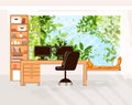 Home Office Vector Flat Illustration of Cozy work desk with computer and monitor, office chair, shelfs with books in Royalty Free Stock Photo