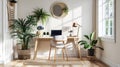 Home office, wall mockup in Scandi-boho style living room interior. Ai Generative Royalty Free Stock Photo