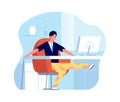 Home office warm-up. Remote work process, office syndrome. Guy sitting at computer and neck legs shoulder stretch. Video Royalty Free Stock Photo