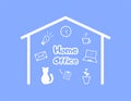 Home office. White house with text, office icons, cat, flowerpot inside on blue background. Concept of remote work at home