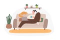 Home Office. Woman Working At Home On Sofa With Laptop Computer In Cozy Room. Freelance Or Studying Concept. Flat Cartoon Vector