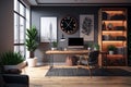Home office with wooden floors and clock on the wall. Generative AI