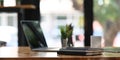 Home office work desk laptop putting on wooden working desk. Royalty Free Stock Photo