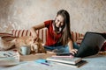 Home office, work space, work from home concept. Young woman with laptop and cat working at sofa. Flexible work hours Royalty Free Stock Photo