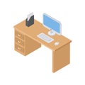 Home office workplace with computer monitor, keyboard, mouse paper document folder isometric vector Royalty Free Stock Photo