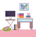 Home office workplace computer screen table binder books coffee cup and cat