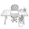 Home office workplace with desk, laptop, plant, headphones, mug of coffee. Outline hand drawn vector illustration