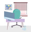 Home office workplace green chair desk computer picture in wall and window Royalty Free Stock Photo