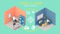 Home office workplace mess concept with laptop mockup and other objects . 3D Rendering.Work from home concept. set of isometric