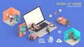 Home office workplace mess concept with laptop mockup and other objects  . 3D Rendering.Work from home concept. set of isometric Royalty Free Stock Photo