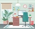 Home office workplace vector illustration, cartoon flat apartment room interior with computer on table for freelance Royalty Free Stock Photo