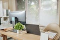 Home office workspace with computer laptop desk for business remote work study Royalty Free Stock Photo