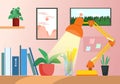 Home office Workspace concept, lamp with light, picture frame, books, plant on desk, flat vector illustration, glass