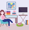 Home office workspace, girl sitting on chiar with cat computer table books and coffee cup Royalty Free Stock Photo