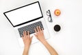 Home office workspace mockup. Laptop with blank screen, hands and accessories on white Royalty Free Stock Photo