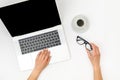 Home office workspace mockup. Laptop with blank screen, hands and accessories on white Royalty Free Stock Photo